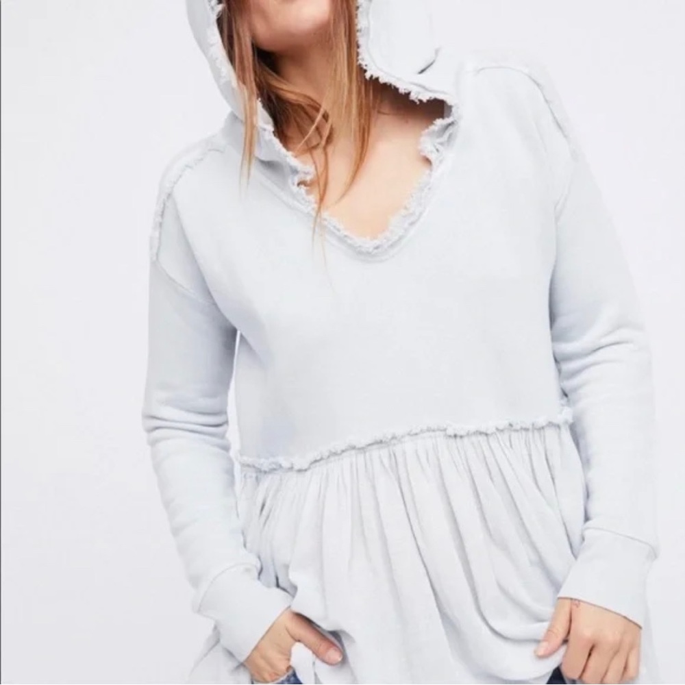 FREE PEOPLE Light Grey High Low Pullover Hooded Sweater